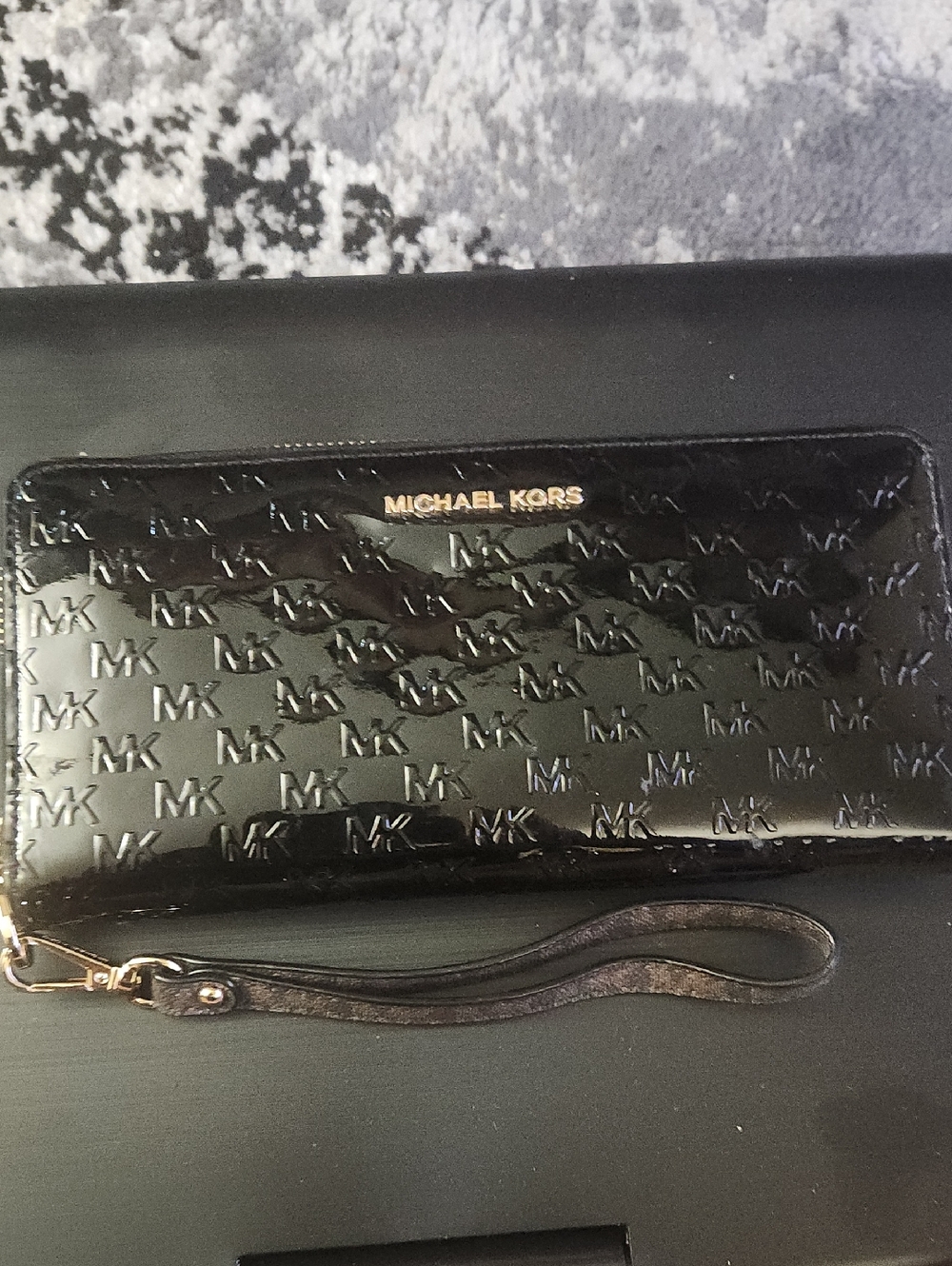 Michael Kors Black Patent Embossed MK Wristlet
